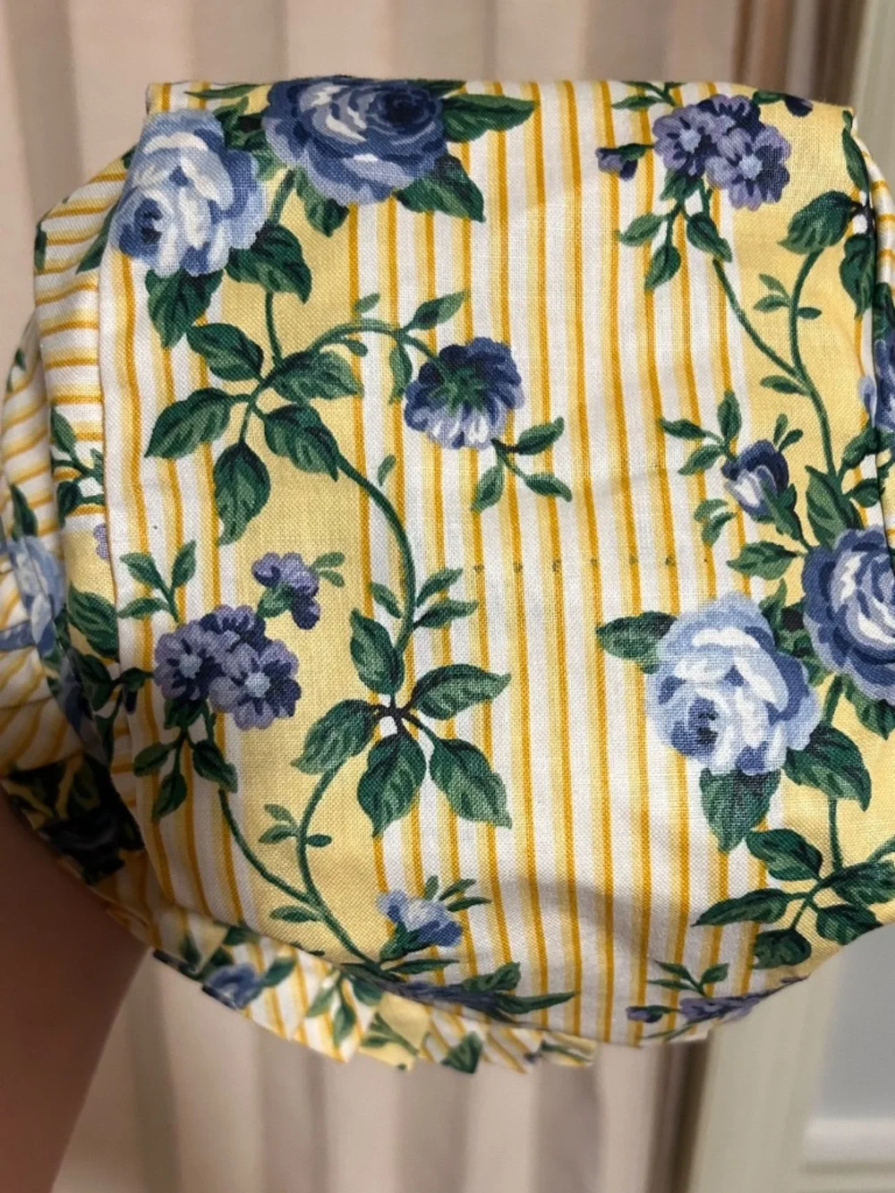 Longaberger Fabric Basket Liner “Rose Trellis” Yellow Stripe Blue Floral Pattern